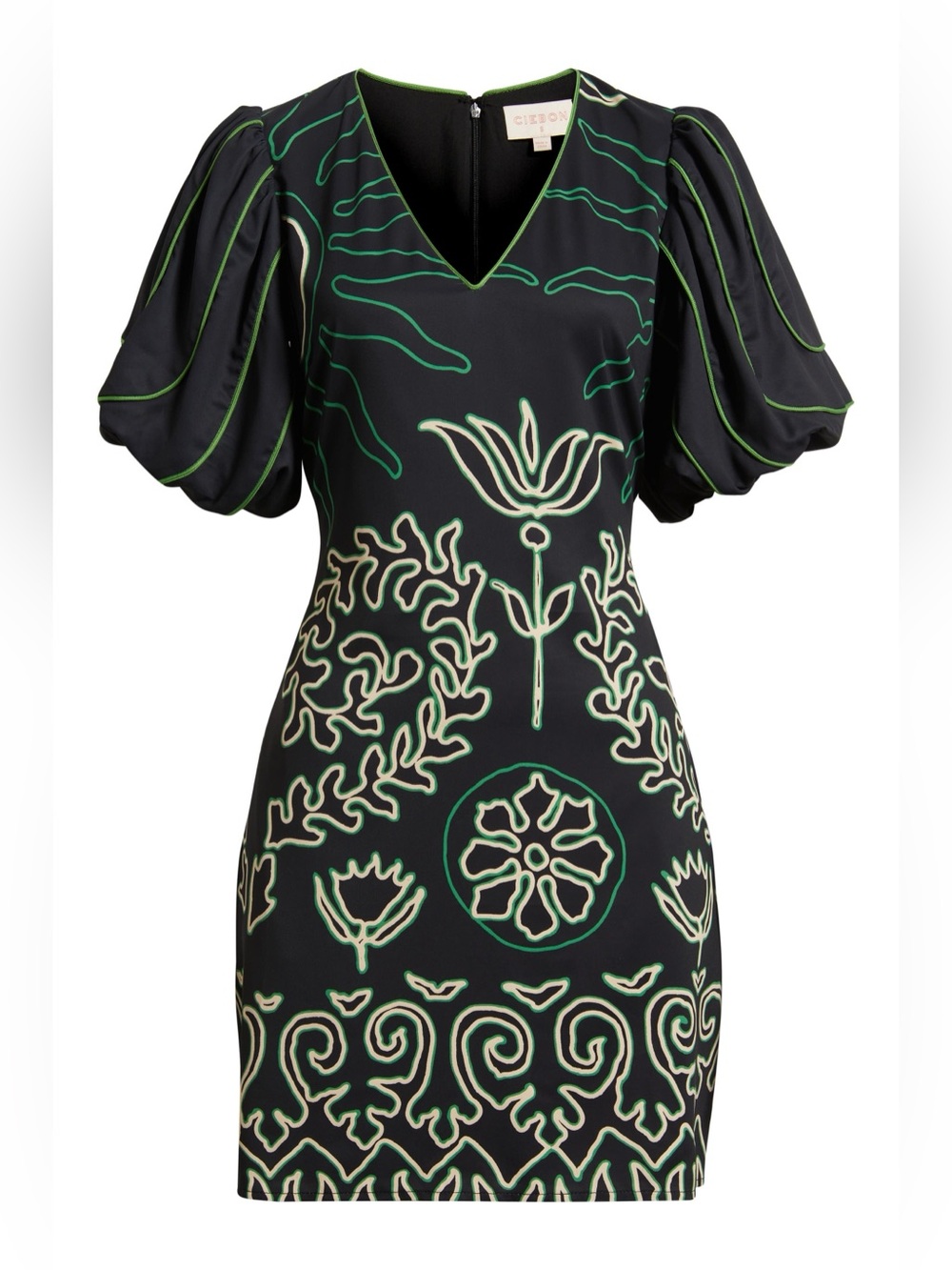 Ciebon Rochelle Floral Print Mini Dress Black Green Puff Sleeve Large